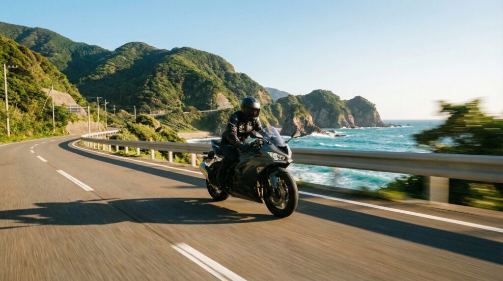海岸沿いの道路を走行する黒い250ccスポーツバイク