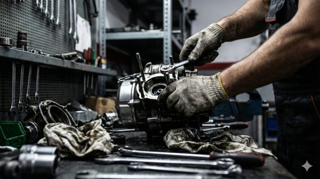 整備用工具を使ってエンジンのメンテナンスを行っているプロのメカニックの手元のアップ