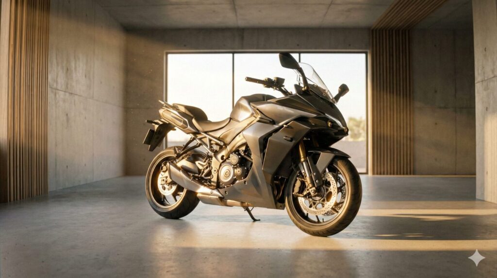 ガレージやショールームに置かれた、ピカピカに磨き上げられたバイク。