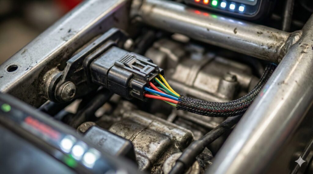 イクの車体に接続された電子制御診断用のケーブルとコネクタ