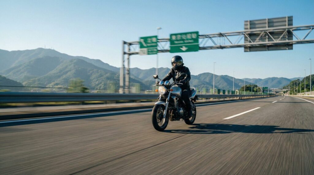 青空の下、日本の高速道路を走行する250ccクラスのネイキッドバイクと日本人ライダー