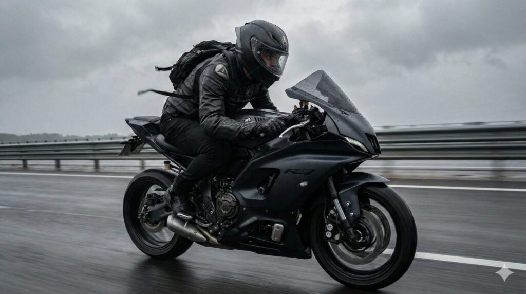 高速道路で強い向かい風を受けながら走行するフルカウルスポーツバイクのライダー