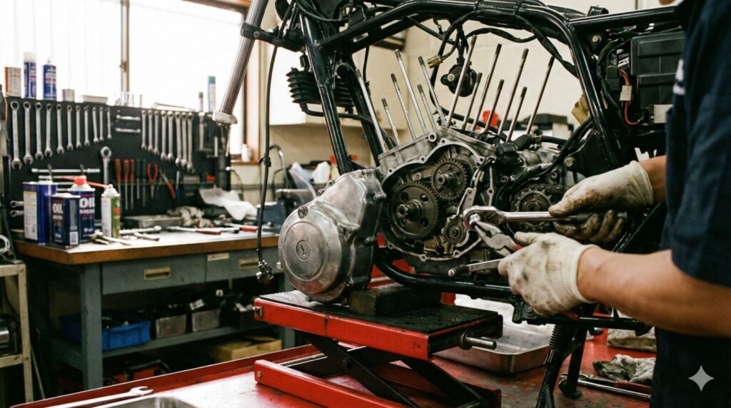 整備工場のリフト上で、メカニックが工具を使ってバイクのエンジン周りを点検している様子