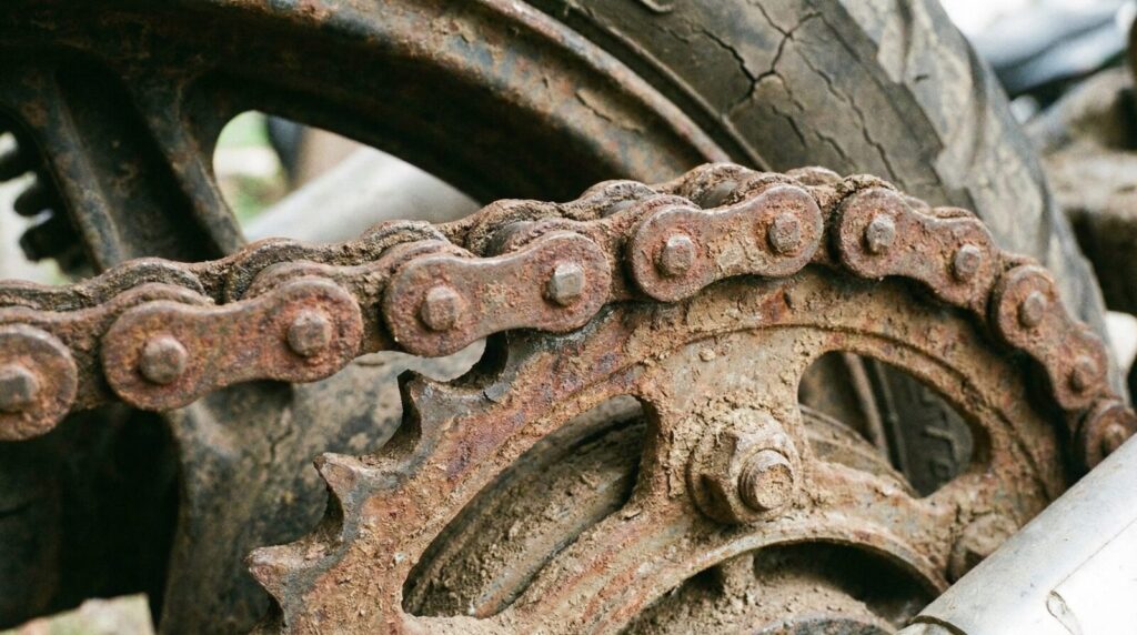 メンテナンスが不足し、錆びて油が切れたバイクのドライブチェーンとスプロケットのクローズアップ
