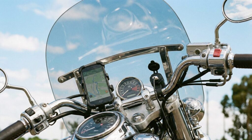 バイクのハンドル周りに装着された、後付けの大型ウインドスクリーンと快適装備