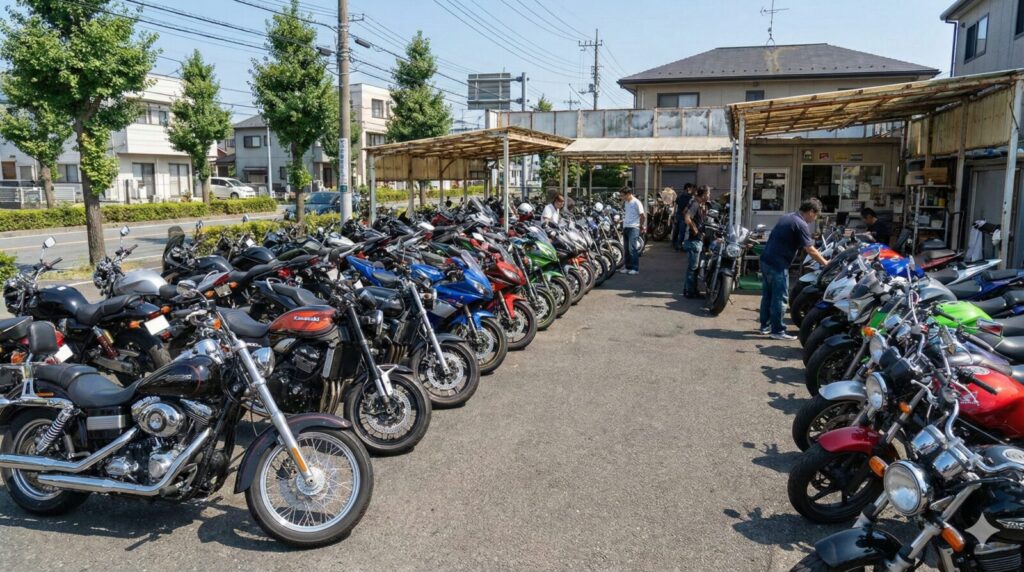 晴れた日の屋外中古バイク販売店に、多様なタイプの中古バイクが多数展示されている様子