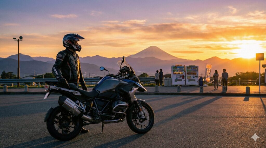 夕暮れ時の景色の良いサービスエリアで、安全装備を身につけたライダーがバイクの横で休憩している様子