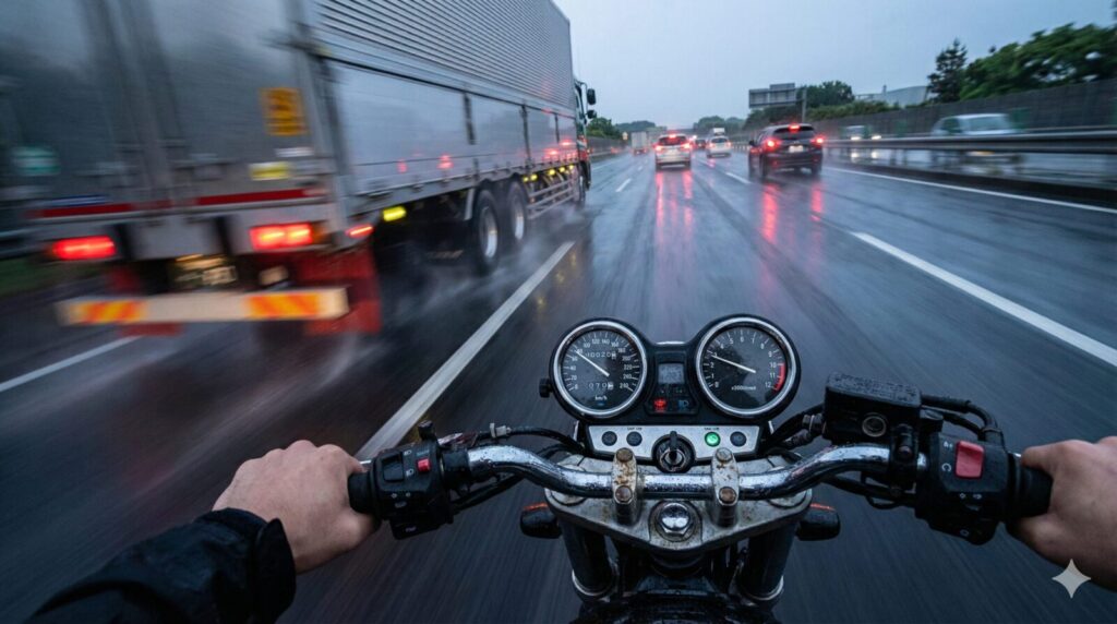 高速道路の走行車線を走る小排気量バイクの視点から見た、追い越し車線を通過していく大型トラック。