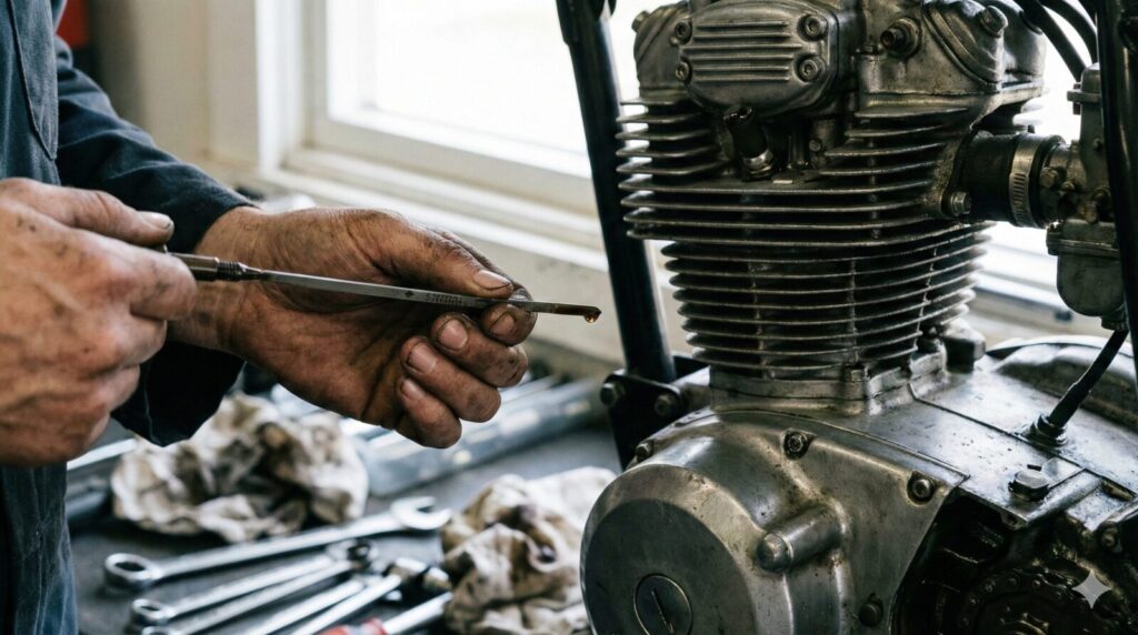 整備ガレージ内で、メカニックの手が空冷単気筒エンジンのオイルレベルゲージを確認している。