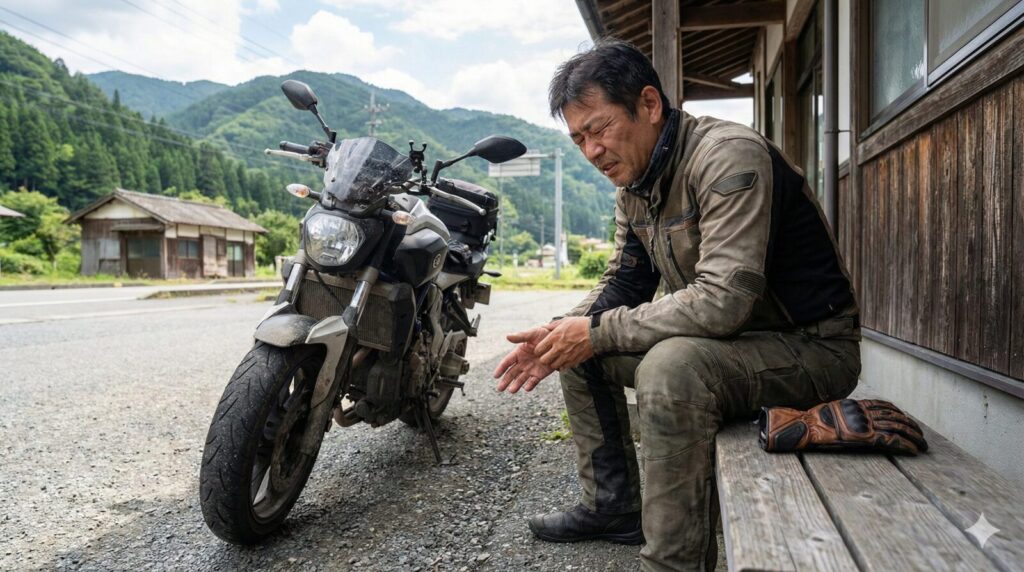 郊外の道の駅のベンチに座り、グローブを外して自分の手をマッサージしている日本人ライダー。