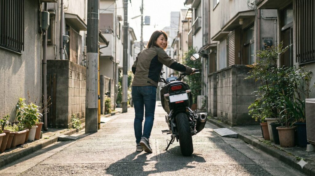 都市部の狭い路地裏で、小柄な日本人女性が小排気量のネイキッドバイクを笑顔で押して歩いている。