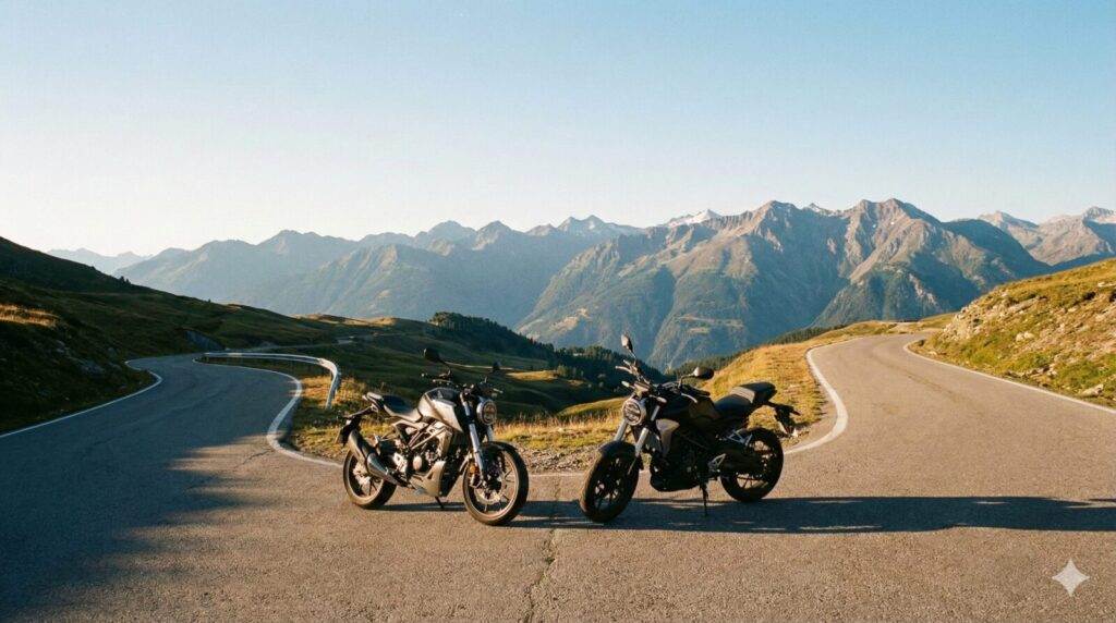 見晴らしの良い峠道の分岐点に、サイズ感が微妙に異なる2台のネイキッドバイク。