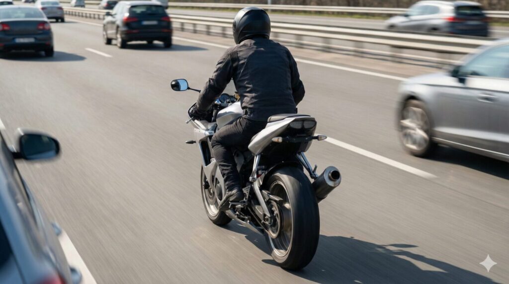 高速道路を法廷速度で落ち着いて巡航している、250ccクラス相当のフルカウルバイクとライダーの後ろ姿。