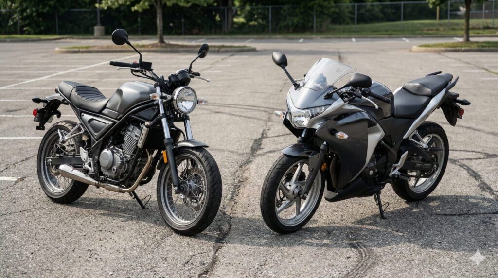 舗装された駐車場に並んで駐車されている、ネイキッドタイプのバイクとフルカウルスポーツタイプのバイクの二台