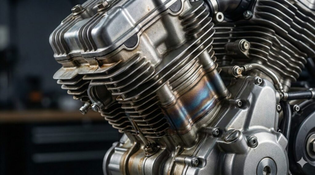 バイクのエンジン部分のクローズアップ。複雑な冷却フィンの形状と、金属の質感が強調されている。