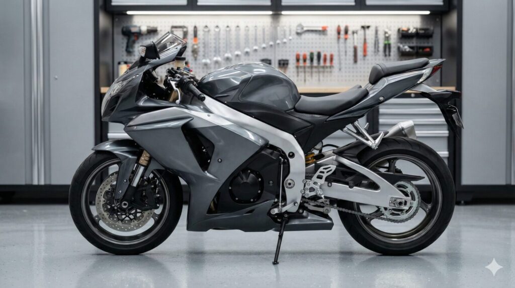 整理整頓された清潔なガレージの中に、大切に保管されている一台のスポーツバイク。