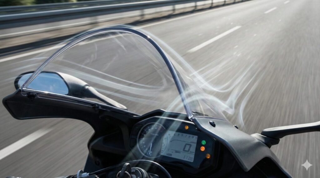 走行中のフルカウルバイクのフロントスクリーンとカウル部分のクローズアップ。風がスクリーンに当たって流れていく様子。