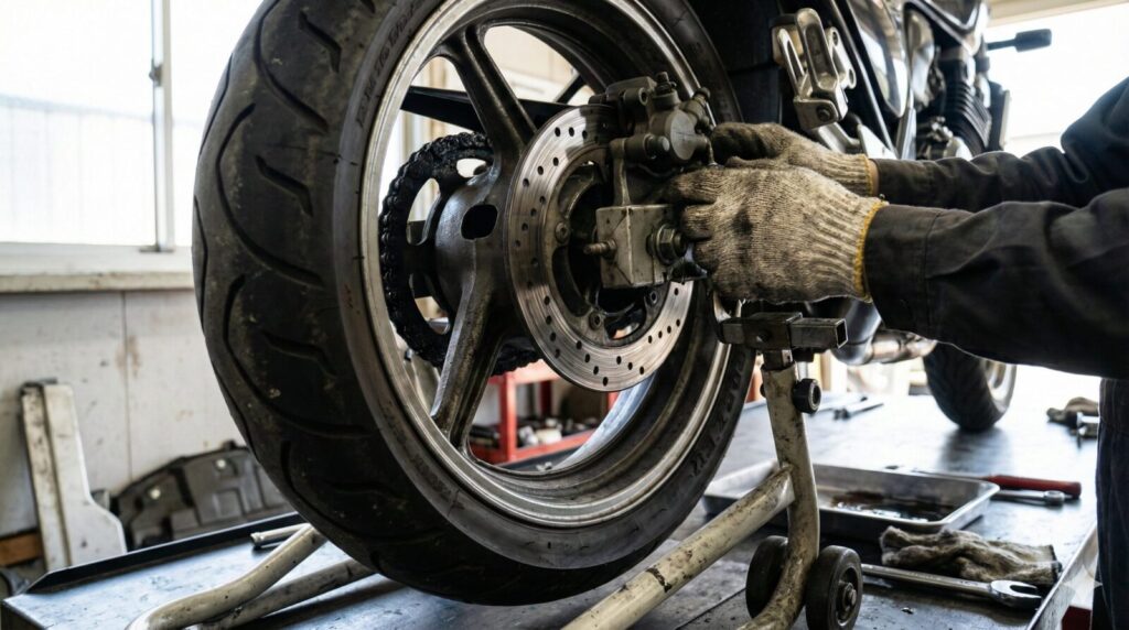 整備士の手が、バイクのリアタイヤとブレーキディスク周辺を点検している様子。